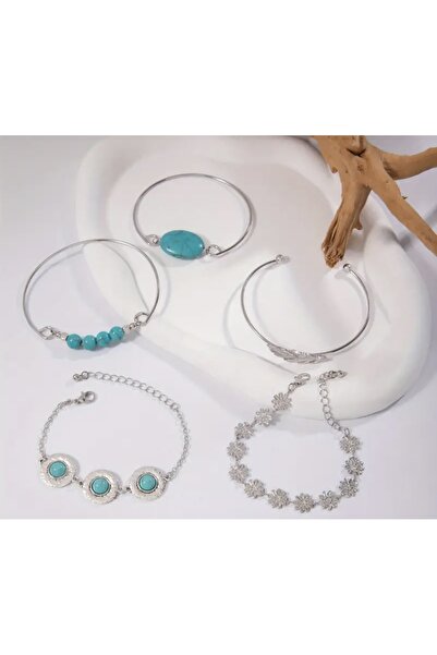 Store 5 Pieces Bohemian Turquoise Bracelet Set Geometric Exaggerated Beaded Bracelet Set Zinc Alloy