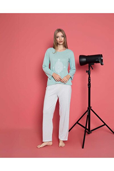 Intisimo Pijamale de damă, mânecă lungă, motive orientale, bumbac, verde desc...