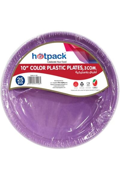 Hotpack Disposable 3 Compartment Plastic Round Plates, Assorted, 10 Inches, Pack of 25