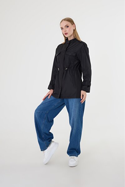 polle Trench scurt negru pentru femei, cu talie adunată