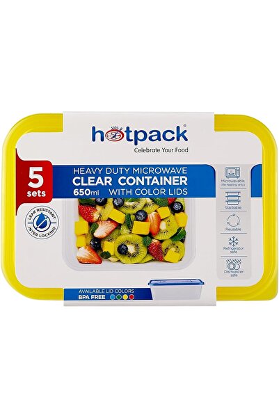 Hotpack Heavy Duty Clear Microwave Container 650ml with Multicolour Lids, 5 Sets
