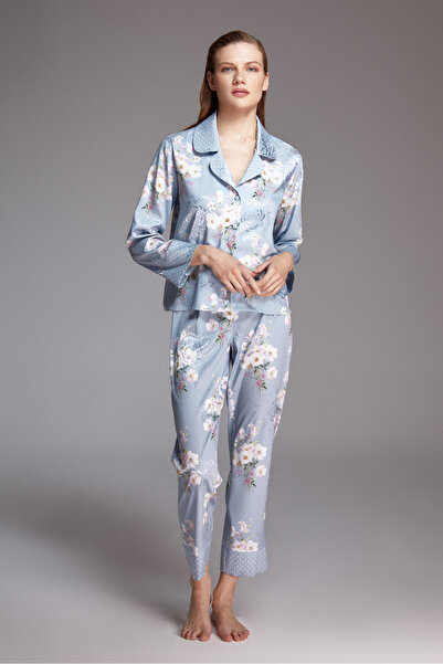 ANEF NORA Mavi Çiçek Desenli Kadın Pijama Takımı-Ev Giyim Seti-Gecelik