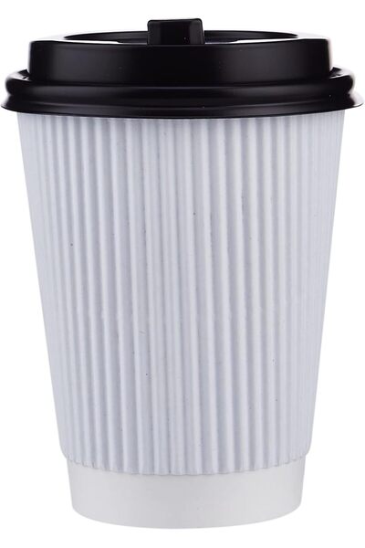 Soft N Cool Hotpack Disposable Paper Ripple White Cup 12 ounce with Black Lid, 10 Pieces for Hot & C