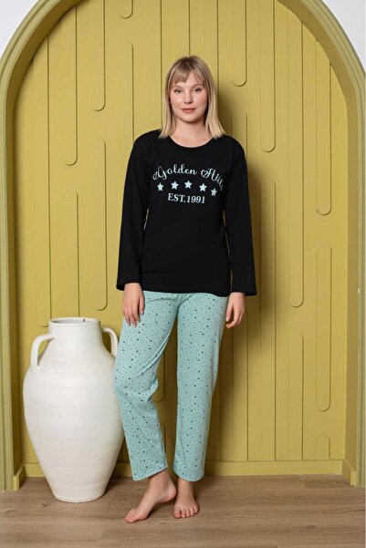 Intisimo Pijamale pentru femei, mânecă lungă, aurii, bumbac, negru/albastru - S