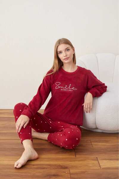 Intisimo Pijamale de iarnă pentru femei, fleece, super catifea, Smile, roșu - L