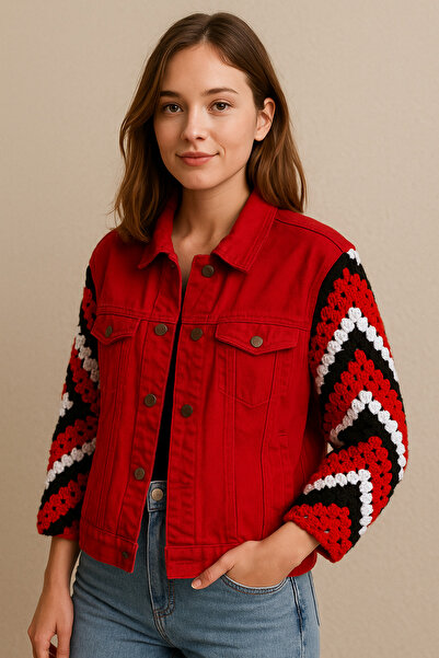 Amma Design Red denim jacket with crocheted sleeves