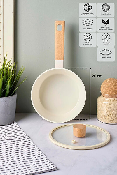 PerottiHome Cookwood Beige Induction Base Ceramic Pot with Wooden Handle and Lid 20 cm