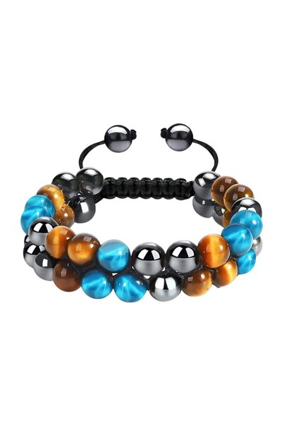 THK Brățară energetică cu ochi de tigru galben și ochi de tigru albastru, cu triplă protecție, pietre de hematit, 8 mm