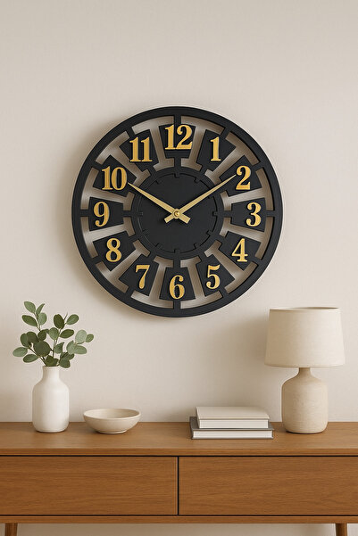 EYKA STORE Büyük Boy Modern Tasarım Siyah Ahşap Gold rakam Sessiz Duvar Saati...