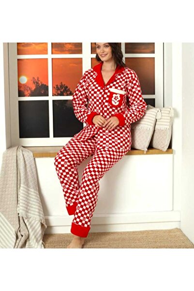 Intisimo Pijamale pentru femei, pufoase, cu nasturi, flori, roșu/alb - M