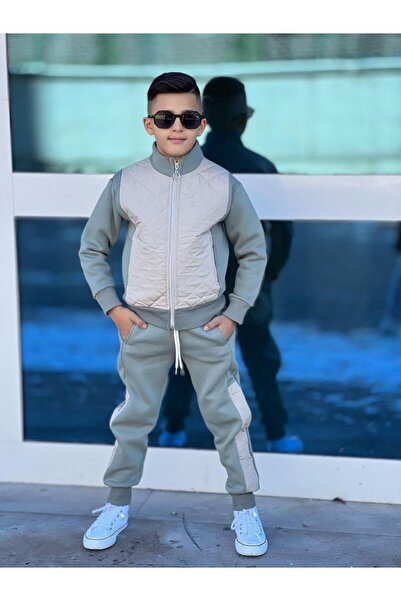 esmacamoda Eşofman Takımı Erkek Çocuk Kapitone Model krem yeşil