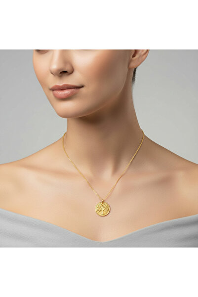 Medusa Gift 925 Ayar Gümüş Zincirli 14 Ayar Altın Kaplama Ağaç Mühür Kolye Gold