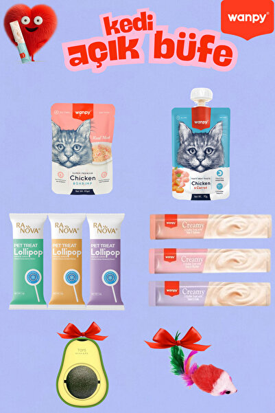 Wanpy Wanp Açık Büfe Kedi Ödül Seti-3x Lolipop-3x Sıvı Ödül-1x Yaş Mama -1x Et Ezmesi-2x Hediye