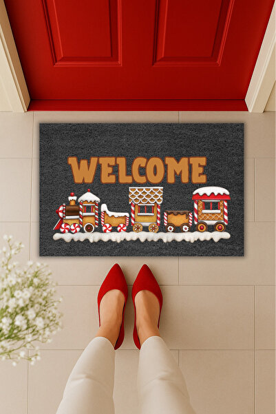 Dormot Yüksek Kaliteli Modern Dijital Baskı - Zencefilli Kurabiyeli Yeni Yıl Treni 70x45cm-Kapı Önü Paspası