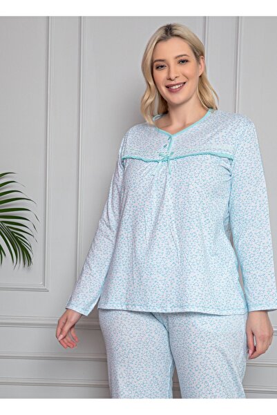 Intisimo Women's Pajamas, 100% Cotton, Plain, Heart Print, Large Size, Turquoise - L