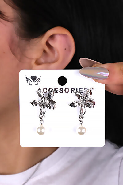 LOWEN AKSESUAR أقراط نسائية بتصميم زهرة فضية اللون