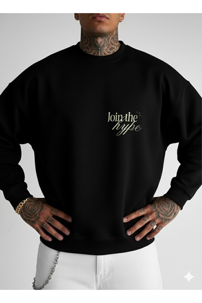 LORVEX Join The Hype Print Unisex Oversize Crew Neck Swea negru tricou