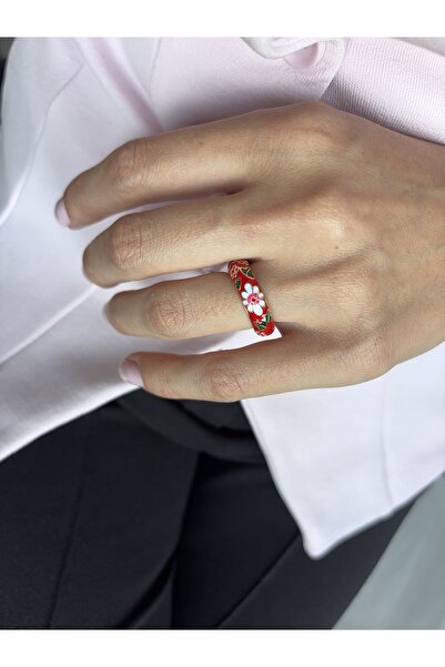 Ressia Vintage Model Flower Patterned Enamel Red Ring