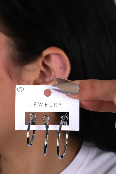 LOWEN AKSESUAR Silver Color Thin Design 3-Piece Hoop Earrings