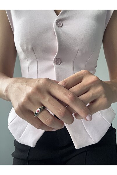 Ressia Vintage Model Flower Patterned Enamel Black Ring