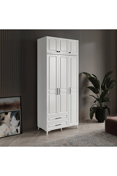 MaceraMobilya Gözde 3 Kapaklı 2 Çekmeceli Yüklüklü Komple MDF Beyaz Gardırop ...