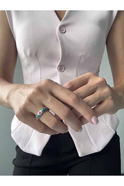 Ressia Vintage Model Flower Patterned Enamel Blue Ring