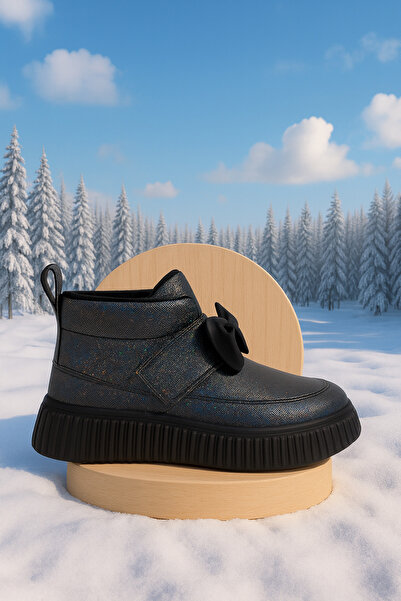 Zilvana Kız Çocuk Siyah Cırt Cırtlı Siyah Fiyonk Detaylı Kışlık Bot