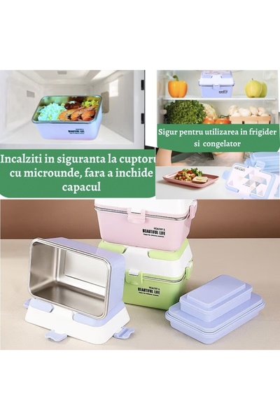 PUFO Lunch box with 3 compartments and stainless steel inner bowl, leakproof, for food, lunch,