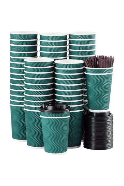 Generic Coffee Cups with Lids and Straws(50 Set),Ripple Insulated Triple Corr...