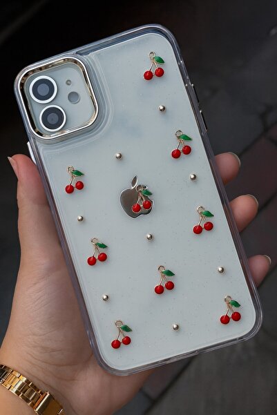 MustCase iPhone 12 Kılıf Kiraz Desenli Simli Şeffaf Kılıf Gümüş Kamera Çıkınt...
