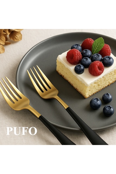 PUFO Set of 2 Luxury dessert, fruit, cheese forks, steel, 16 cm, gold/black