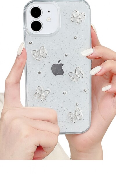 MustCase iPhone 12 Kılıf Kelebek Desenli Simli Şeffaf Kılıf Gümüş Kamera Çıkı...