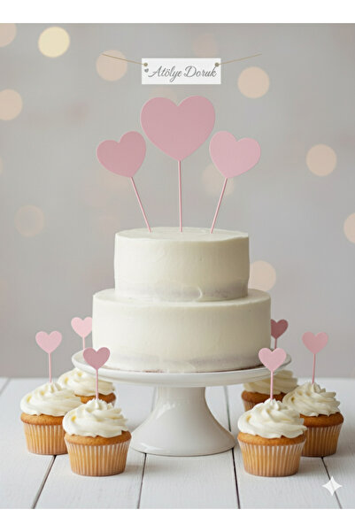 Atölye Doruk PEMBE Kalp Pasta Süsleme Seti-Kalp Cupcake Kürdanı-PEMBE Kalp Pa...