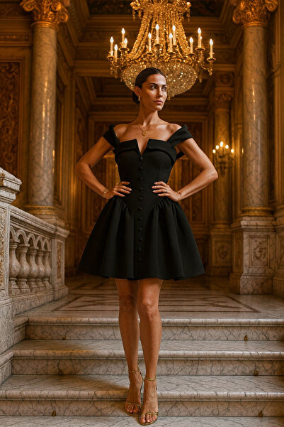 VENTİUP Siyah Kuş Gögüs Detaylı Straplez Mini Elbise