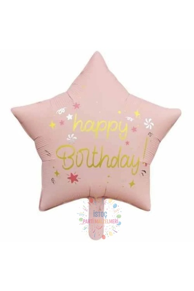 İSTOÇ PARTİ Pink Color Star Foil Balloon with Happy Birthday Written on It