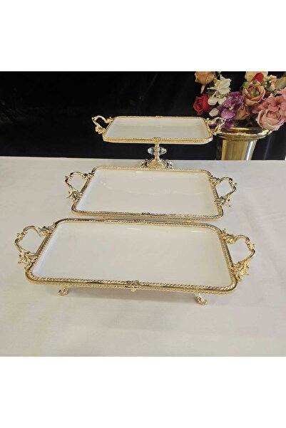 MaviDamla Cast Edge Frameworked Footed Porcelain and Serving Presentation Set Gold 11 Pieces