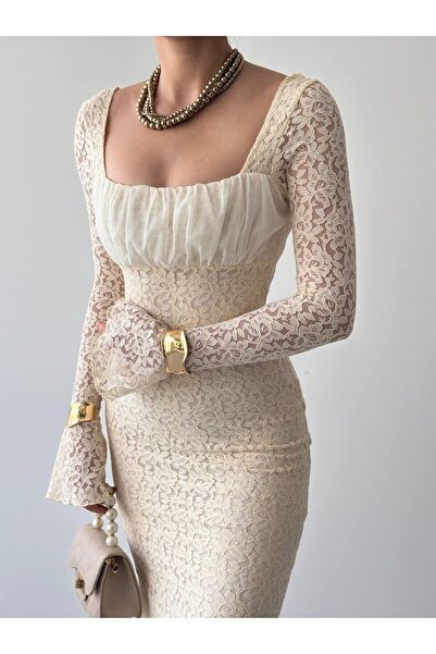 Julidress Kare Dantel Yaka Astarlı Midi Boy Premium Dantel Elbise