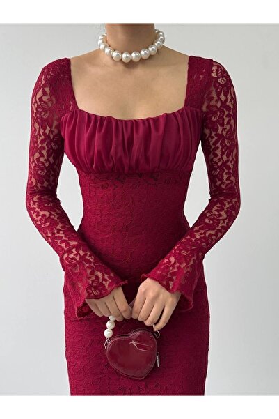 Julidress Square Lace Collar Lined Midi Length Premium Lace Dress