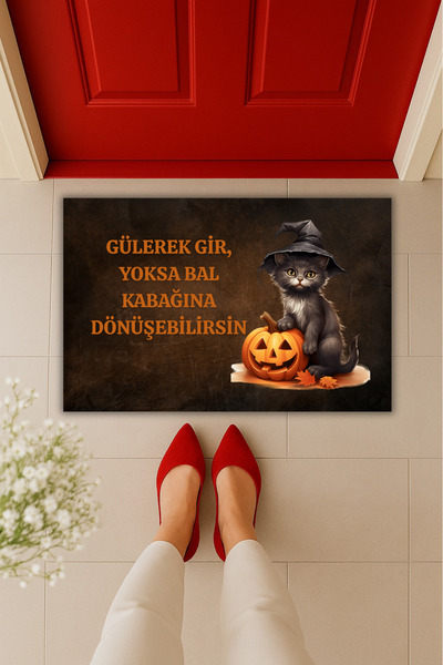 Dormot Yüksek Kaliteli Modern Dijital Baskı - Halloween Balkabağı ve Kedi Temalı 70x45cm - Kapı Önü Paspası