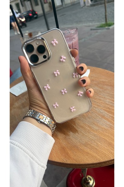 MustCase iPhone 14 Pro Max Kılıf Pembe Fiyonk Desenli Simli Şeffaf Kılıf Gümü...