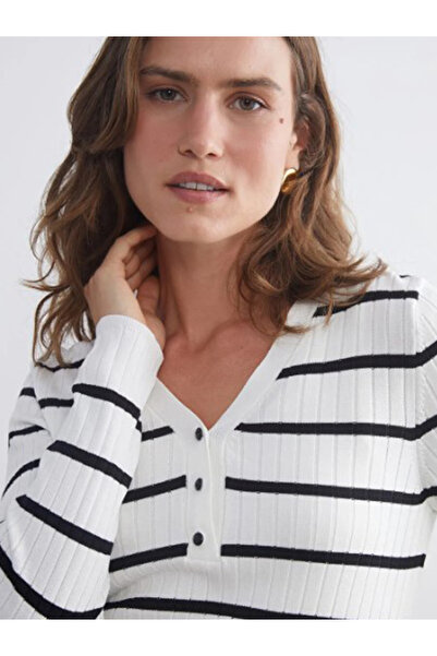 LC Waikiki Ecru V-Neck Striped Women's Knit Sweater W5Da14Z829