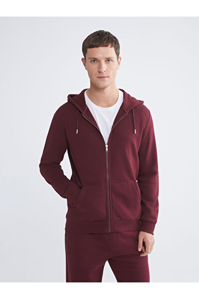 LC Waikiki Burgundy Hooded Long Sleeve Men's Zippered Sweatshirt