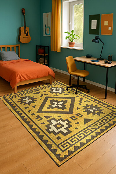 Rugs Modern Halı MOSSO Κίτρινο Θεματικό Εθνοτικό Μοτίβο με Σχέδια, Υφαντή Βάσ...