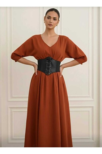 guawwi korse kemer hediyeli kremit müslin kadın bohem retro elbise