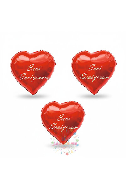 İSTOÇ PARTİ Red Color Heart Foil Balloon with I Love You Written on It, 3 Pieces
