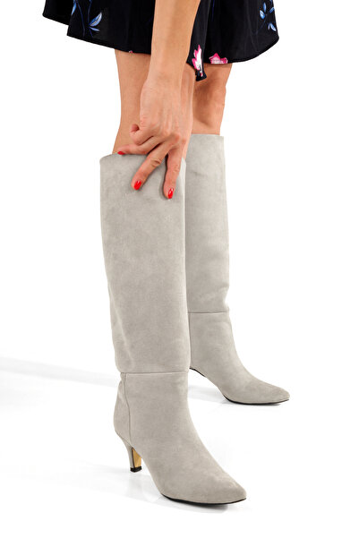 PİMORA '' Fersi̇no'' Stone Suede Pointed Toe 5 cm Thin Heel Boots New Season