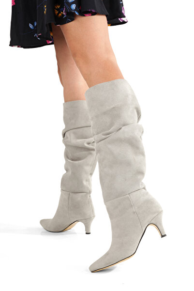 PİMORA '' Gennaro'' Stone Suede Pointed Bellows Pull-On 5 cm Thin Heel Boots New Season