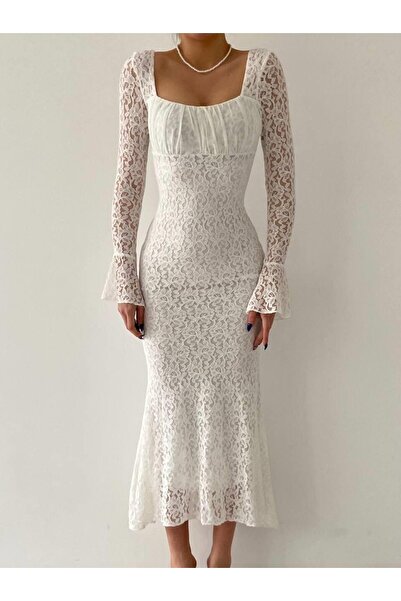 Julidress Square Lace Collar Lined Midi Length Premium Lace Dress