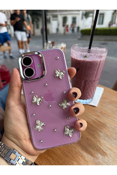 MustCase iPhone 16 Plus Kılıf Kelebek Desenli Simli Şeffaf Kılıf Gümüş Kamera...