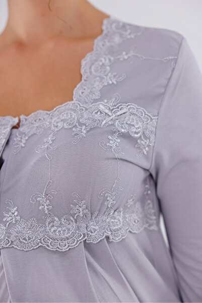 Yulem Homewear Gray Special Lace Long Sleeve Cotton Maternity Nightgown with Nursing Features